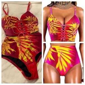 New! BFyne Red and Yellow Lace-Up tropical floral Bikini Set 3466